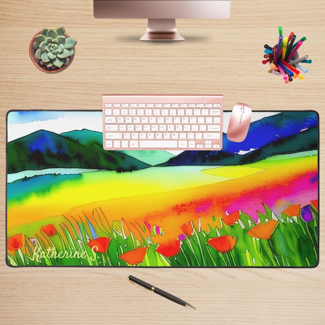 Alfrombrillas De Escritorio Floral acuarela California Poppies Meadow Nature (California Poppy Wildflower Floral Personalized Desk Mat. Brighten your day with this beautiful art!)