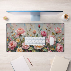 Alfrombrillas De Escritorio Floral de Rosas de jardín rosa y crema de bonito
