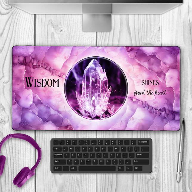 Alfrombrillas De Escritorio Foto de Geodo de Cristal Ametista Espiritual (Desk mat featuring a purple pink amethyst crystal geode design with your own photo and quote)