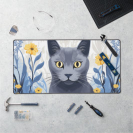 Alfrombrillas De Escritorio Gato Azul Ruso Flores Amarillas