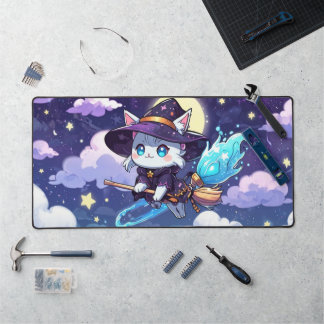 Alfrombrillas De Escritorio Gato Bruja Chibi Volando en Cielo Estrellado – Mag