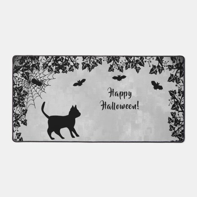 Alfrombrillas De Escritorio Gato negro con murciélago, Feliz Halloween (Anverso)