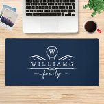 Alfrombrillas De Escritorio Guión blanco de nombre de familia de Personalizado<br><div class="desc">Monograma Personalizado Nombre de familia White Script Desk Mats presenta un monograma y un nombre de familia personalizado en una tipografía elegante de escritura blanca sobre un fondo azul oscuro. Un regalo perfecto para la familia y los amigos por su cumpleaños, Navidades, el Día del Padre, el Día de la...</div>
