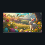 Alfrombrillas De Escritorio Happy Easter in a Spring Landscape<br><div class="desc">A picturesque spring landscape with rolling hills and blossoming trees stretches out in an idyllic, sunlit valley. A bright white Easter bunny sits attentively in the grass, surrounded by colorful, artfully decorated Easter eggs. The flowers in vibrant colors and the warm golden light of the setting sun lend the scene...</div>