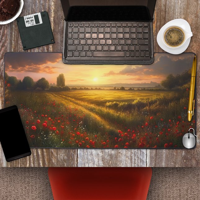 Alfrombrillas De Escritorio Impresionante paisaje de atardecer en campo de ama (Desk mat featuring an impressionist painting of a sunset on a field with poppies.)