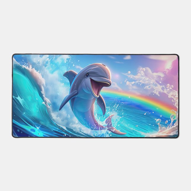 Alfrombrillas De Escritorio Joyful Dolphin Desk Mat (A joyful dolphin leaps from vibrant ocean waves under a bright rainbow.  )