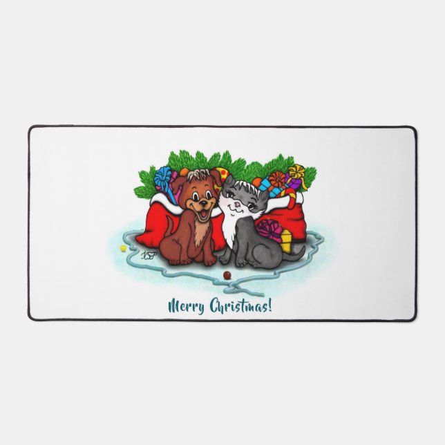 Alfrombrillas De Escritorio Kitty y cachorro, Feliz Navidad (Anverso)