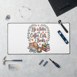 Alfrombrillas De Escritorio La vida es mejor con café gatos libros