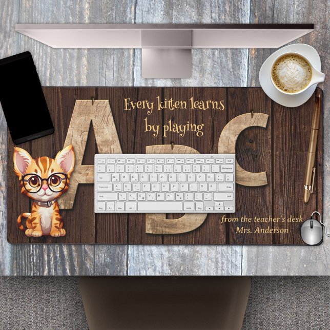 Alfrombrillas De Escritorio Maestra de Alfabeto ABC Rustic Wood (A rustic design desk mat featuring wood A B and C letters on a wood background with optional kitty)