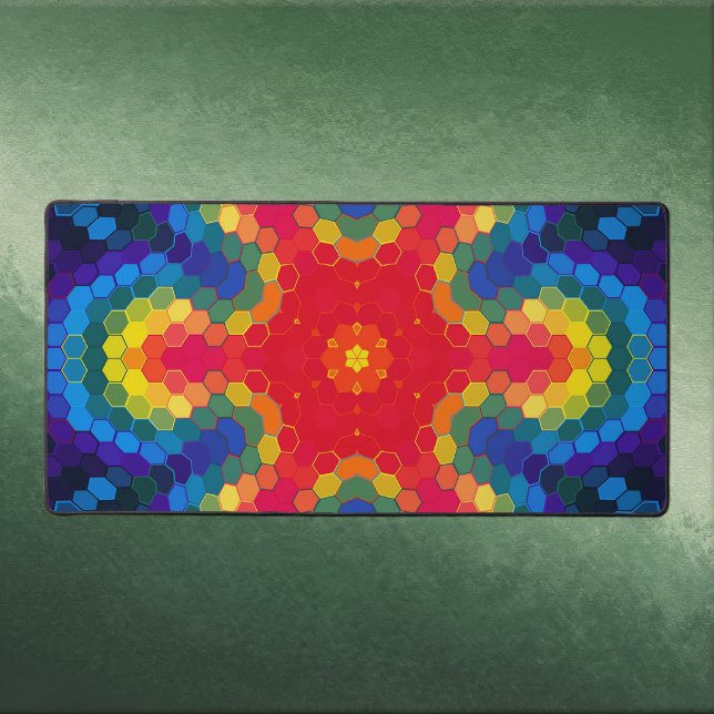 Alfrombrillas De Escritorio Mandalá Hexagonal Rojo Amarillo y Azul (Red Yellow and Blue Hexagon Mandala Desk Mat by Wormhole Orbital)