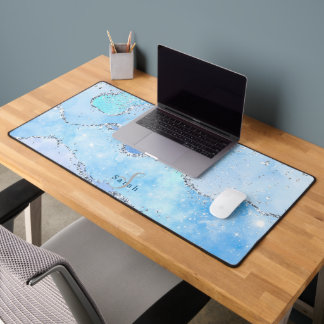 Alfrombrillas De Escritorio Marble azul de lujo y Purpurina plateado con Monog