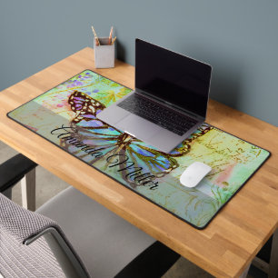 Alfrombrillas De Escritorio Mariposa personalizada verde azulado y púrpura