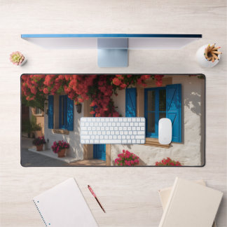 Alfrombrillas De Escritorio Mediterranean Blue Window Floral House Desk Mat