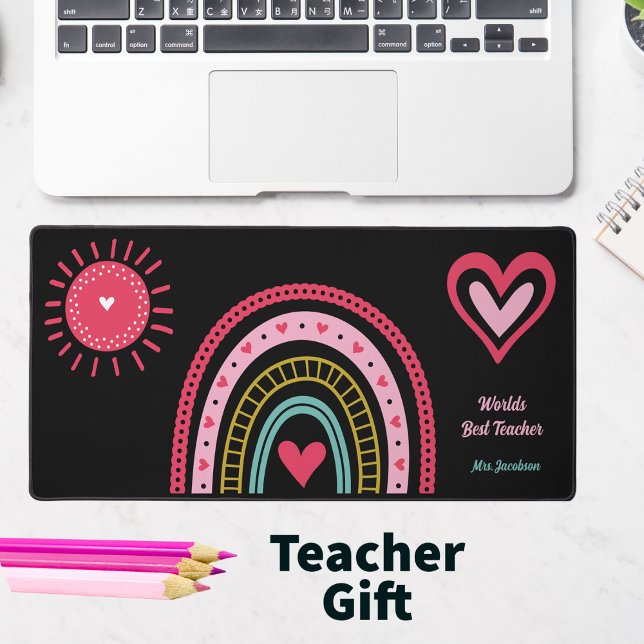 Alfrombrillas De Escritorio Mejor Profesora Rosa Arcoíris (Teacher Gift - Rainbow and Hearts monogrammed with name)