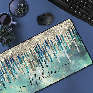 Alfrombrillas De Escritorio Moda azul turquesa purpurina oro goteo monograma