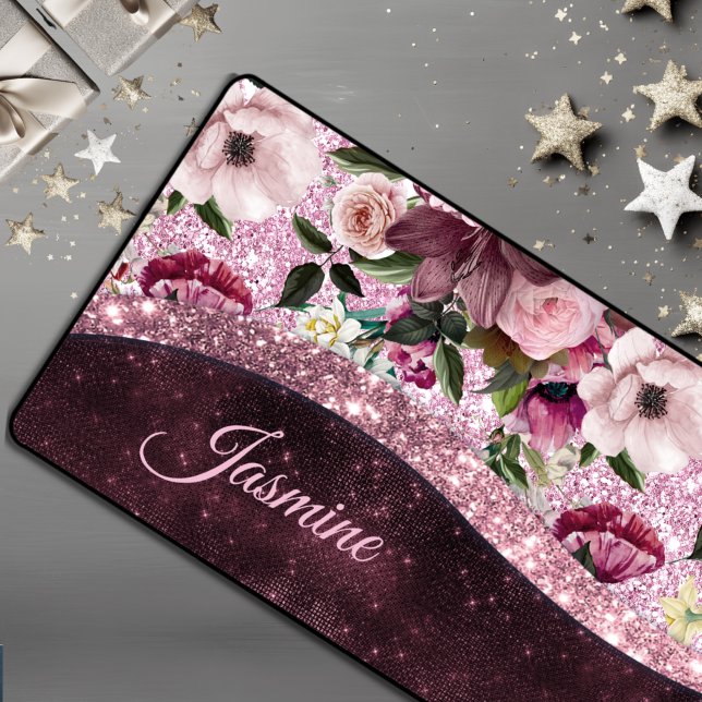 Alfrombrillas De Escritorio Moda floral Borgoña rosa purpurina monograma (Subido por el creador)