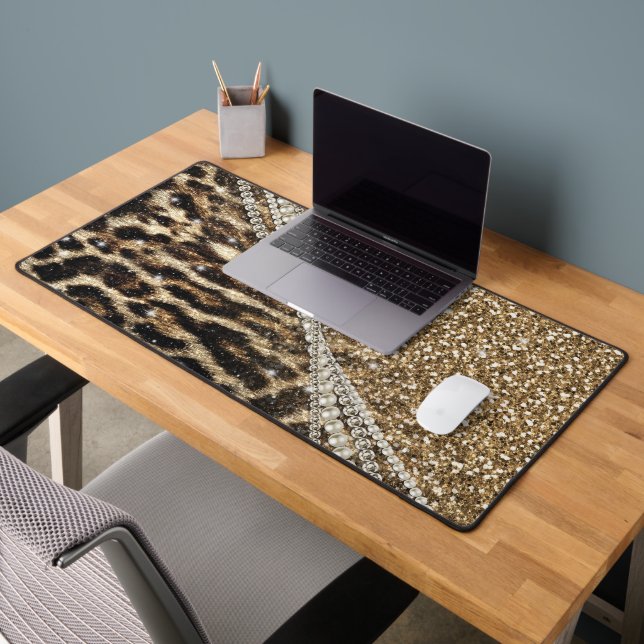 Alfrombrillas De Escritorio Moda Girly Leopard Print Gold Purpurina (Oficina 2)