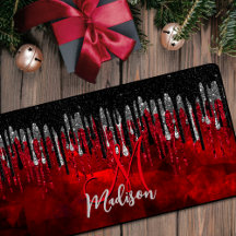 Moda purpurina de plata roja negro goteo monograma