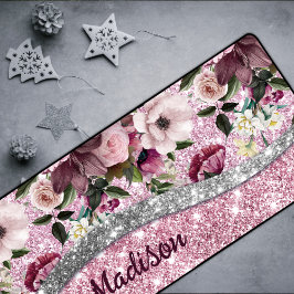 Alfrombrillas De Escritorio Moda purpurinoso floral Monograma de plata rosa mo
