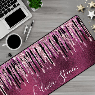 Alfrombrillas De Escritorio Moda rosado caliente goteo negro purpurina monogra