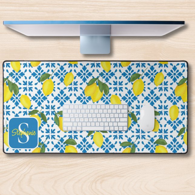 Alfrombrillas De Escritorio Monogram Name Blue French Tile Lemon Pattern  (Subido por el creador)