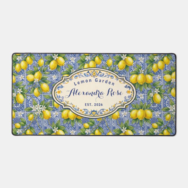 Alfrombrillas De Escritorio Monogram Name Lemon Blue French Country Tile  (Anverso)