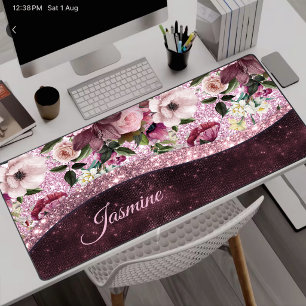 Alfrombrillas De Escritorio Monograma chic floral rosa Burdeos purpura con bri