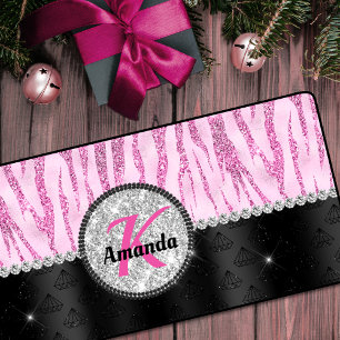 Alfrombrillas De Escritorio Monograma de impresión animal purpurina negro rosa
