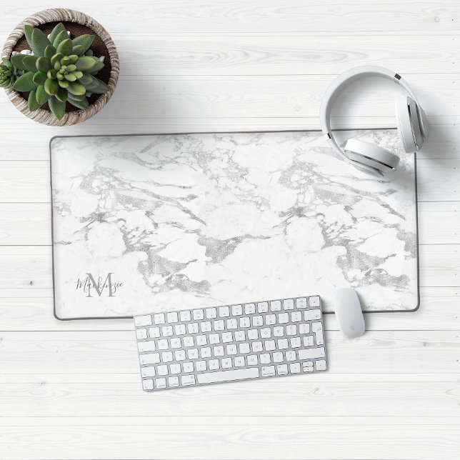 Alfrombrillas De Escritorio Monograma de mármol de Relieve metalizado plateado (Chic Silver Foil Marble Luxury Desk Mat Mouse Pad)