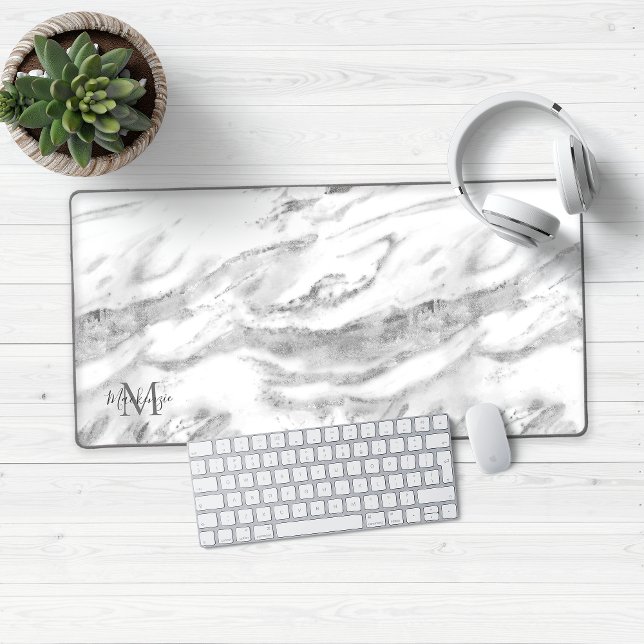 Alfrombrillas De Escritorio Monograma de mármol de Relieve metalizado plateado (Luxury Silver Marble Desk Mat Mouse Pad)