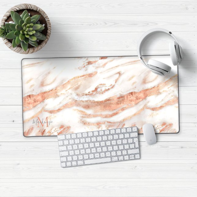 Alfrombrillas De Escritorio Monograma de mármol Rosa de lujo Relieve metalizad (Luxury Rose Gold Marble Desk Mat Mouse Pad)