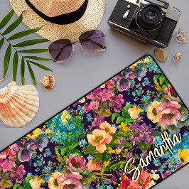 Alfrombrillas De Escritorio Monograma de patrón negro floral púrpura ventilado