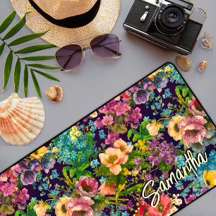 Alfrombrillas De Escritorio Monograma de patrón negro floral púrpura ventilado
