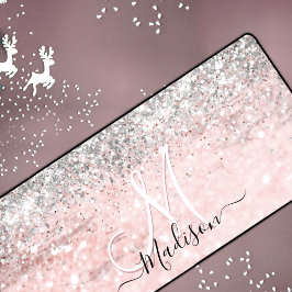 Alfrombrillas De Escritorio Monograma de purpurina plateado fino de color rosa