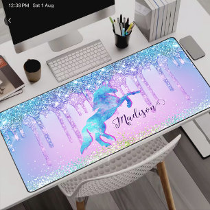 Alfrombrillas De Escritorio Monograma de unicornio turquesa elegante con gotas