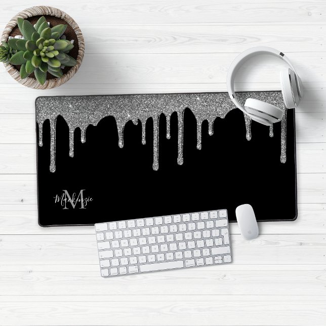 Alfrombrillas De Escritorio Monograma del Purpurina de espuma de plata negra (Black and Silver Glitter Drips Desk Mat Mouse Pad)