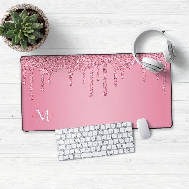 Alfrombrillas De Escritorio Monograma del Purpurina de espuma rosada de Rubor  (Blush Pink Dripping Glitter Monogram Desk Mouse Mat)