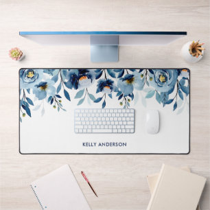 Alfrombrillas De Escritorio Monograma elegante floral acuarela azul