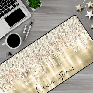 Alfrombrillas De Escritorio Monograma elegante purpurina de goteo de oro