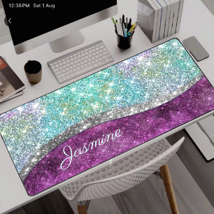 Alfrombrillas De Escritorio Monograma falso brillante iridiscente morado turqu