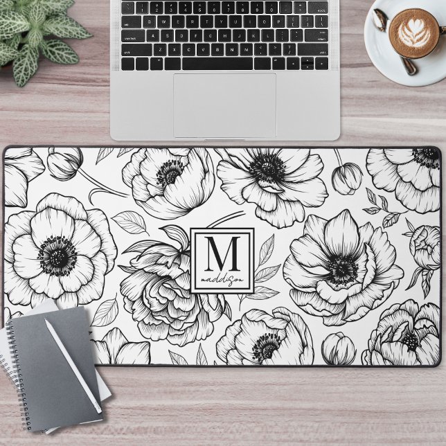 Alfrombrillas De Escritorio Monograma floral blanco negro (Black White Floral Monogram Desk Mat )