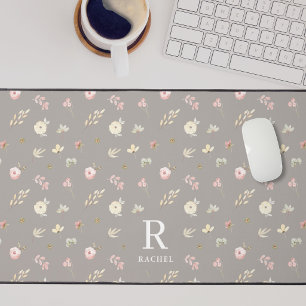 Alfrombrillas De Escritorio Monograma Inicial Personalizado Gris Beige Floral