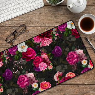 Alfrombrillas De Escritorio Monograma negro de flores rosadas elegantes