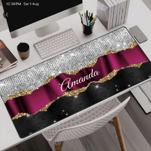 Alfrombrillas De Escritorio Monograma negro Fuchsia brillo plateado falso chic