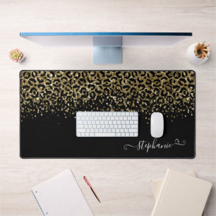 Alfrombrillas De Escritorio Monograma negro Purpurina de leopardo dorado