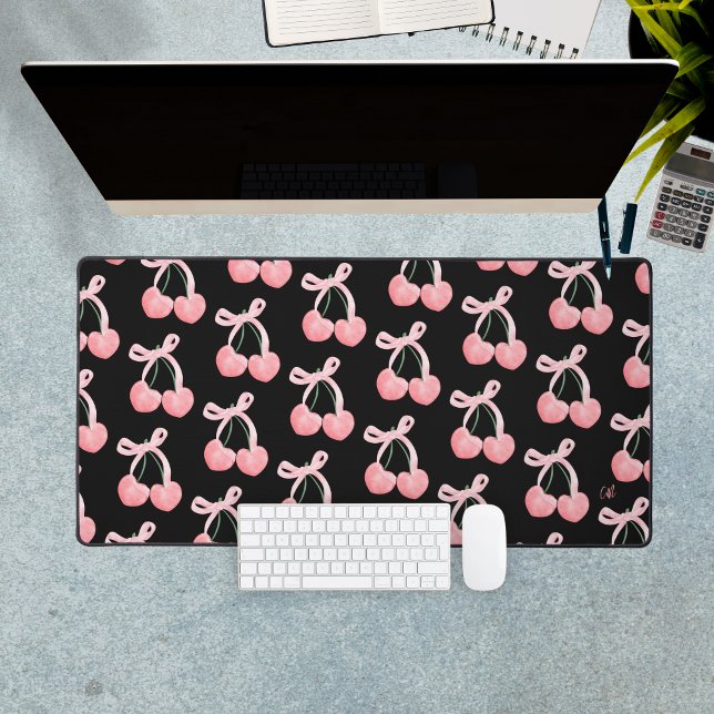 Alfrombrillas De Escritorio Monograma Personalizado Coquette Aesthetic Bow Che (Coquette Aesthetic Bow Cherries Custom Monogram Desk Mat
)