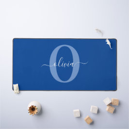 Alfrombrillas De Escritorio Monograma personalizado Nombre de guión Azul Blanc