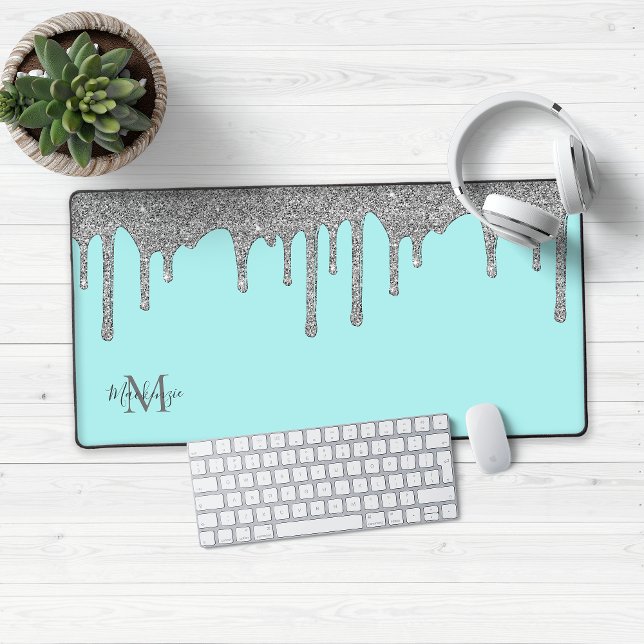 Alfrombrillas De Escritorio Monograma Verde azulado de lujo de gafas de Purpur (Luxury Teal and Silver Glitter Drips Desk Mat Mouse Pad)