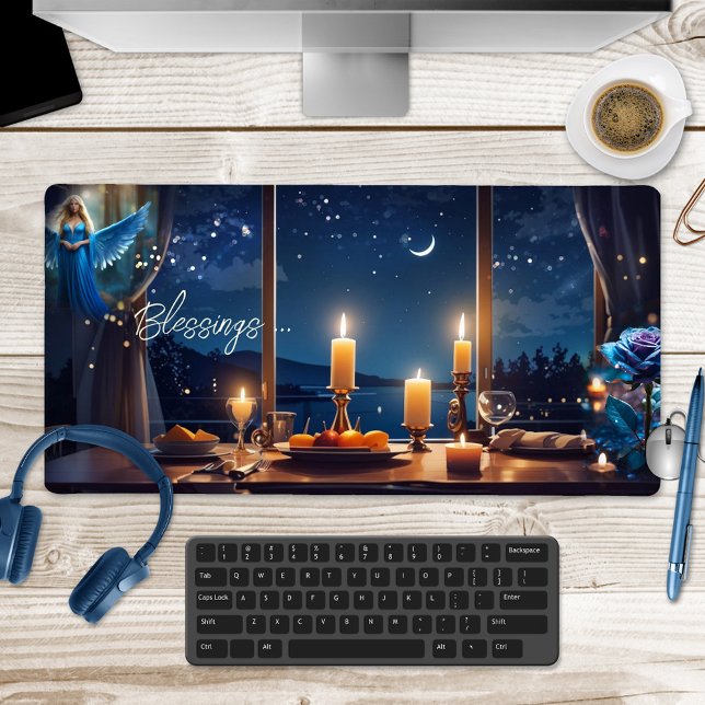 Alfrombrillas De Escritorio Navidades Angel Candle Light (Christmas desk mat featuring a magical design with candles, angel and light sparkles )