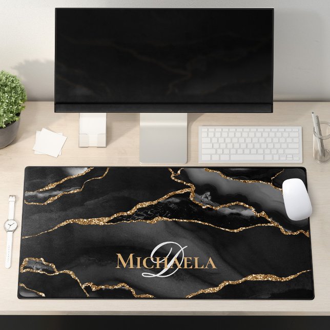 Alfrombrillas De Escritorio Negro Agate Geode Gold Purpurina Monograma moderno (Subido por el creador)